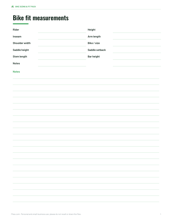 Preview of Printable Bike Fit Worksheet