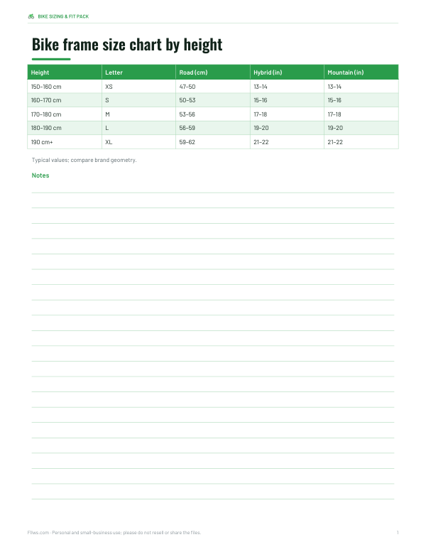 Preview of Printable Bike Frame Size Chart
