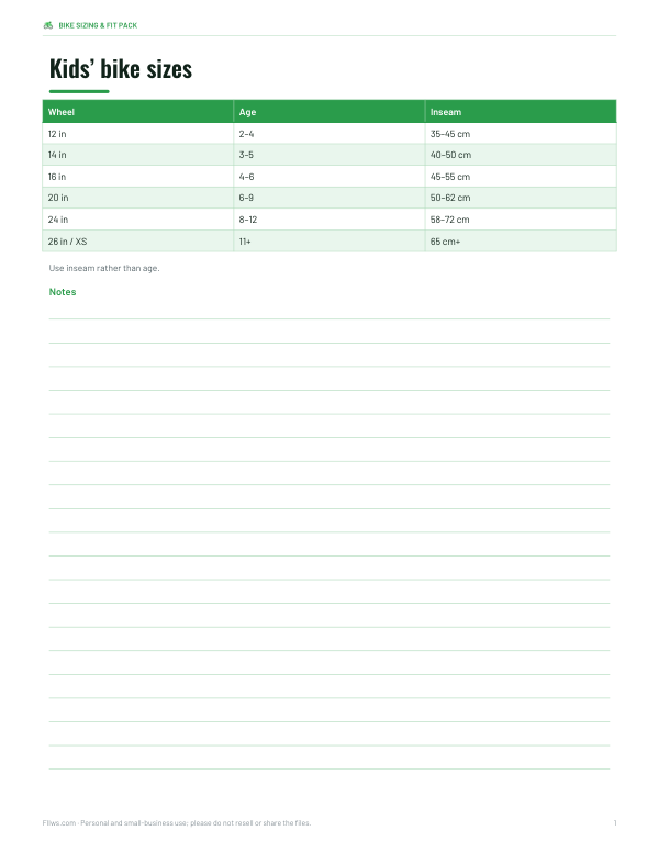 Preview of Printable Kids Bike Size Chart